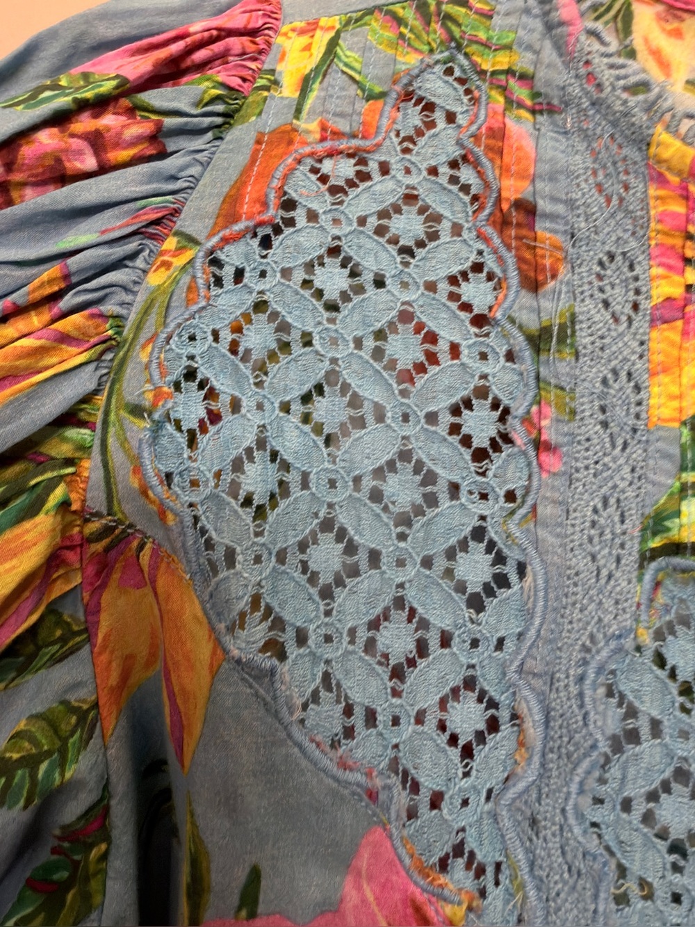 FARM Rio Blue Floral Lace-Trim Puff Sleeve Blouse - Picture 6 of 14